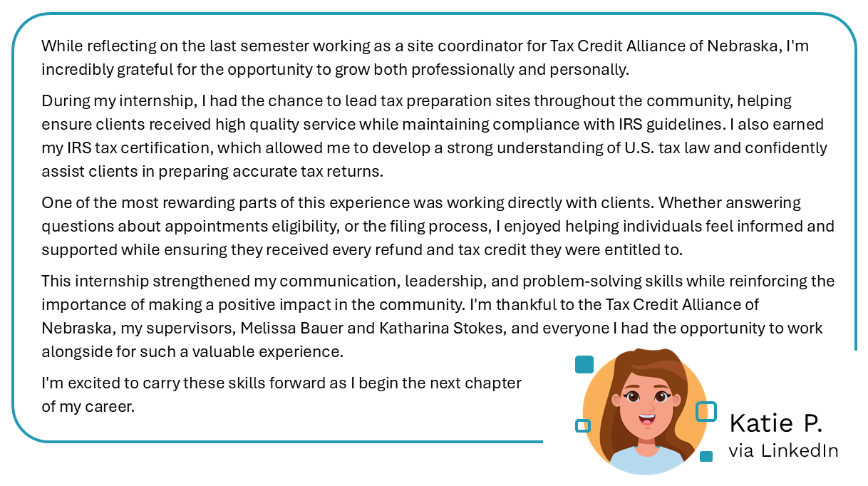 Tax Credit Alliance internship testimonial with a cartoon woman’s illustration and LinkedIn branding.